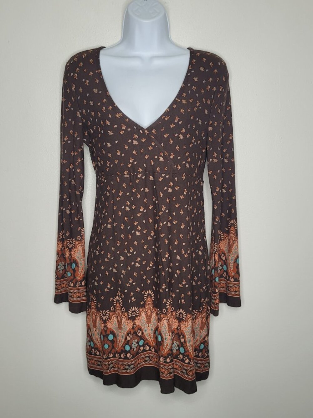 Venus brown tones boho bell sleeve hippie stretch mini dress size small